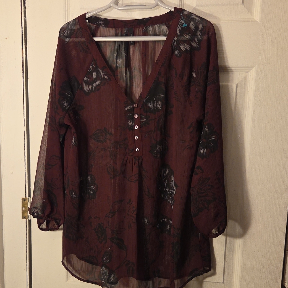 Maurices Deep Red Sheer Floral Blouse